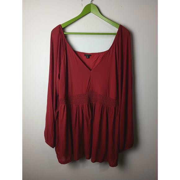 torrid Tops - Torrid Women's Blouse Red Babydoll Smocked Mesh Long sleeve Romantic 3X